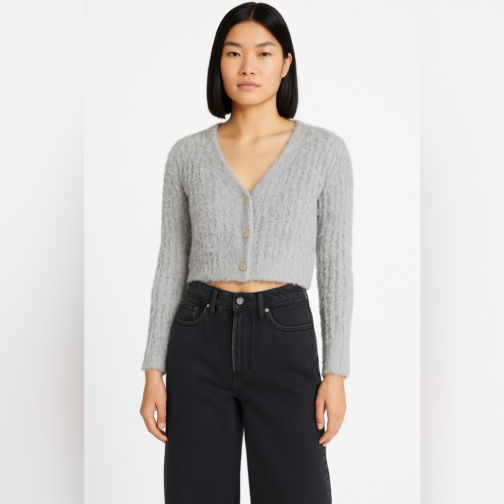 Jonathan Simkhai Fuzzy Knit Cropped Button Cardigan – Gray – Size S
